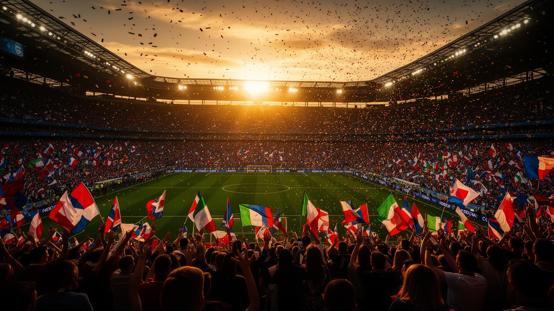 Stadium packed with World Cup fans waving flags